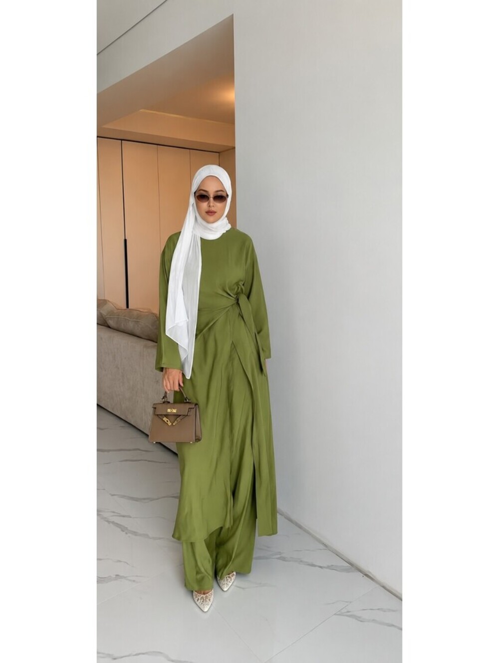 Muslim Women's One Size Olive Green Cupro Abaya Set Top & Pants Modest Outfit